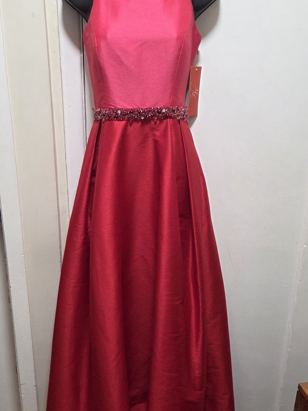 Monique Lhuillier  Hot Pink/watermellon Beaded-Waist Satin Gown